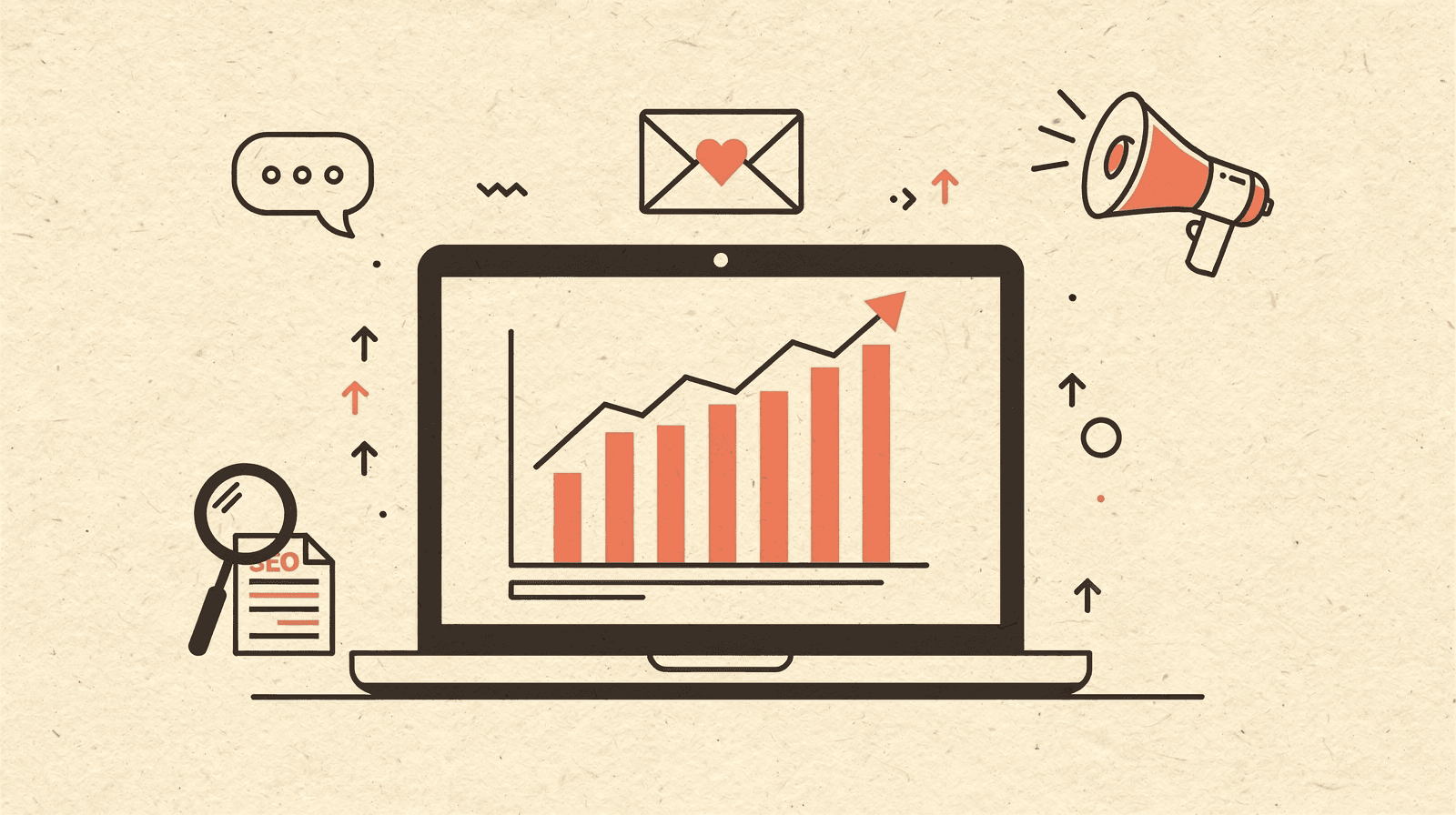 Editorial illustration of digital marketing channels working together — laptop with growth chart, speech bubble, email, megaphone, magnifying glass