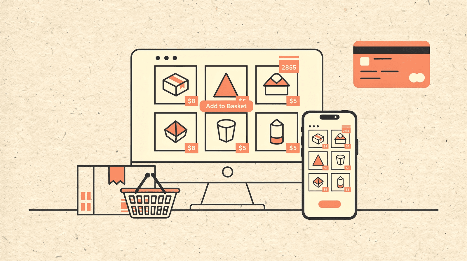 Editorial illustration of a small online shop — desktop and mobile e-commerce interface with product grid, add-to-basket button, and shipping box